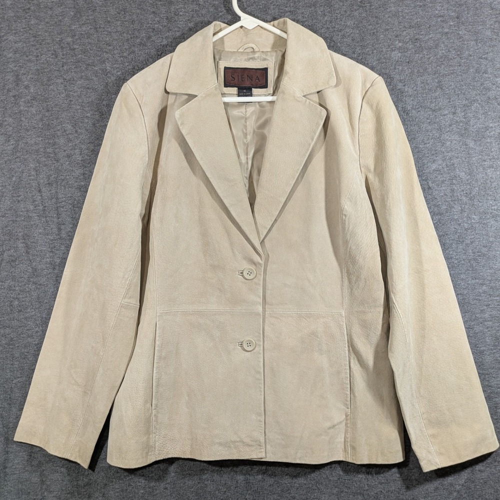 Siena Women's Leather Jacket Beige Solid‎ Long Sleeve Buttons Collared Size 14